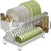 DEVA Escorredor de Louça Inox, Porta Talheres com Escorredor, Talheres Copos Organizador Louça para Cozinha, Escorredor de pratos, Branco