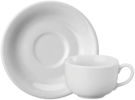 Estojo com 6 Xícaras de de Café com Pires. Modelo Redondo Voyage Coup. Branca. Fabricado pela Porcelana Schmidt.