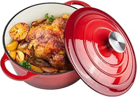 Ferro fundido esmaltado para forno holandês de 6 litros com tampa – alças duplas grandes – Seguro para forno até 260 °C – Panela redonda clássica para cozinhar vermelho versátil